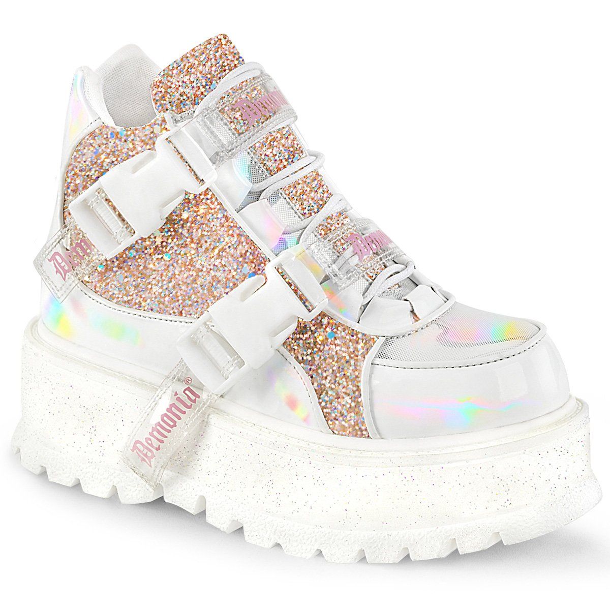 SLACKER-50 White Holographic Patent-Baby Pink Multi Glitter Ankle Boot Demonia