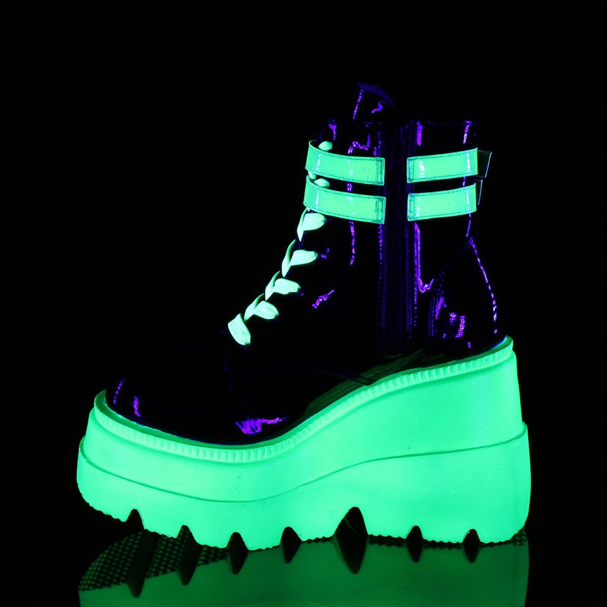 SLACKER-52 Black Patent-UV Iridescent Green Ankle Boot Demonia