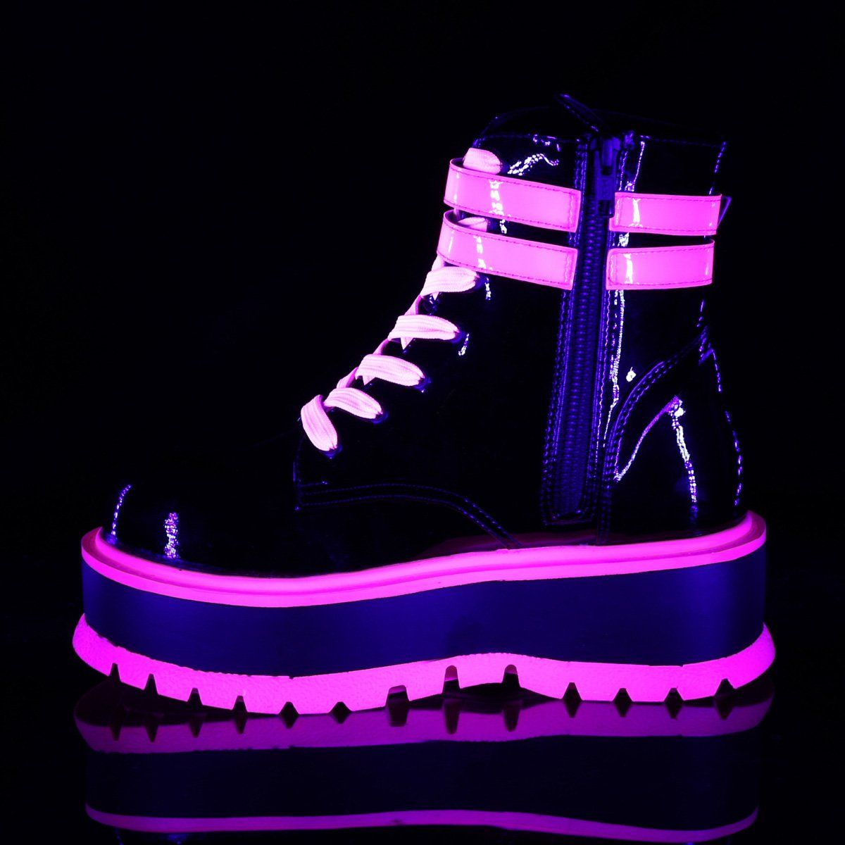 SLACKER-52 Black Patent-UV Iridescent Pink Ankle Boot Demonia