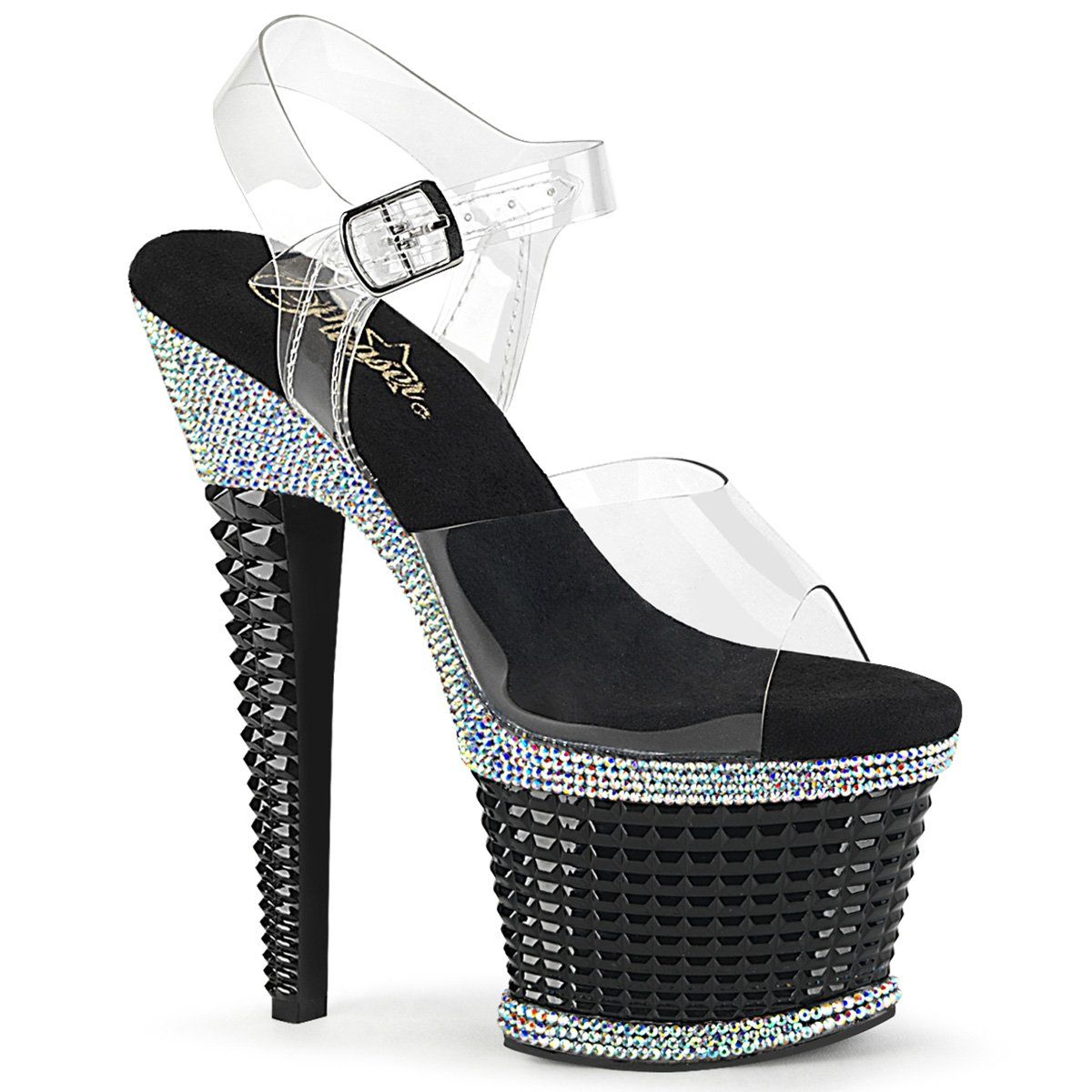 SPECTATOR-708RS Clear/Black-Rhinestone Platform Sandal Pleaser