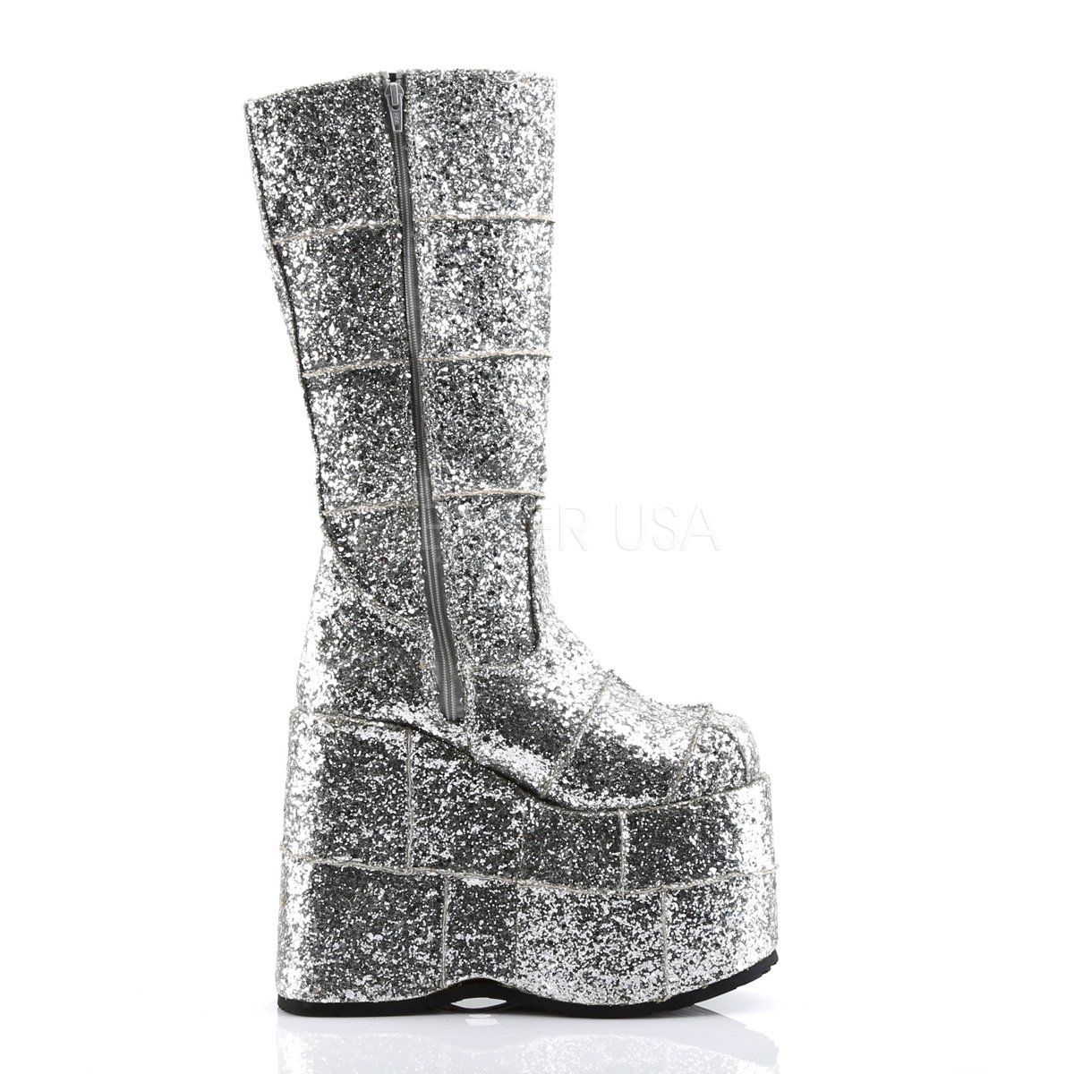 STACK-301G Silver Glitter Knee Boot Demonia
