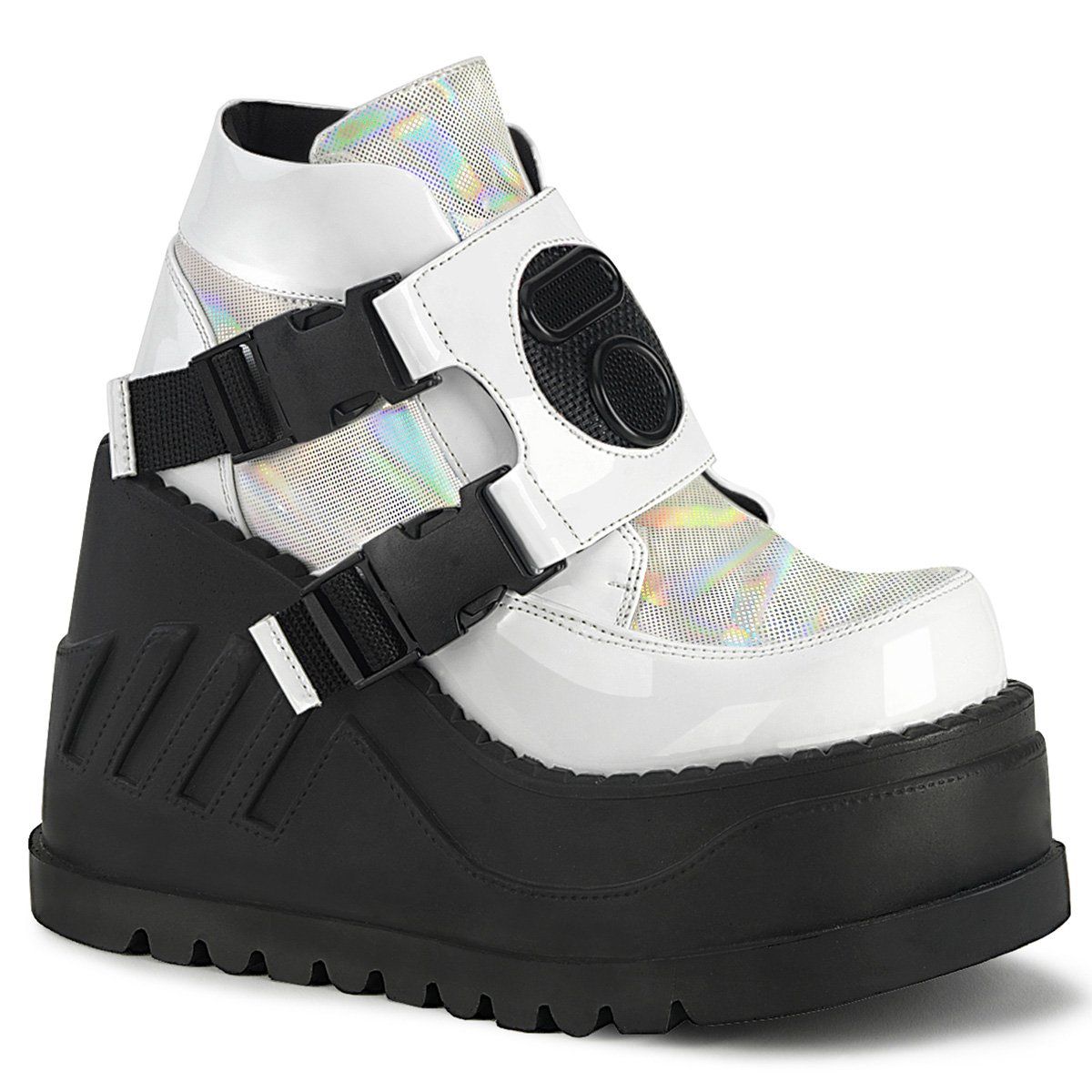 STOMP-15 White Patentent-Multi Ankle Boot Demonia