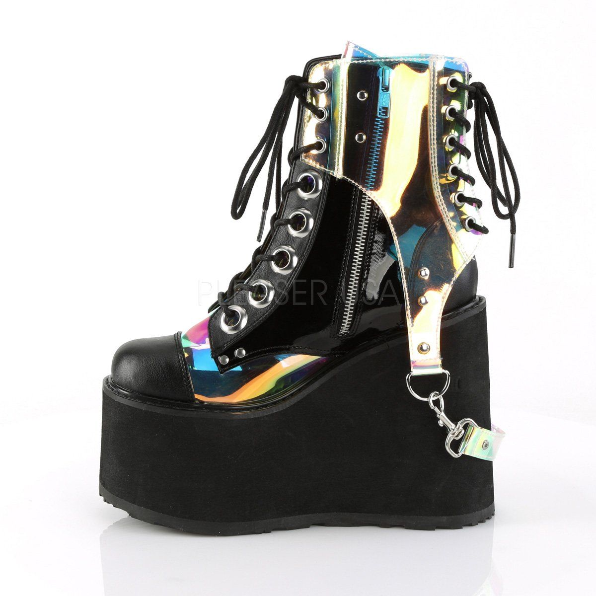 SWING-115 Black Vegan Leather-Patent -Clear Hologram PVC Ankle Boot Demonia