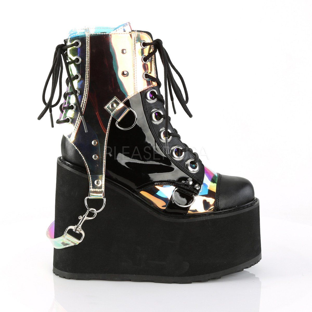 SWING-115 Black Vegan Leather-Patent -Clear Hologram PVC Ankle Boot Demonia