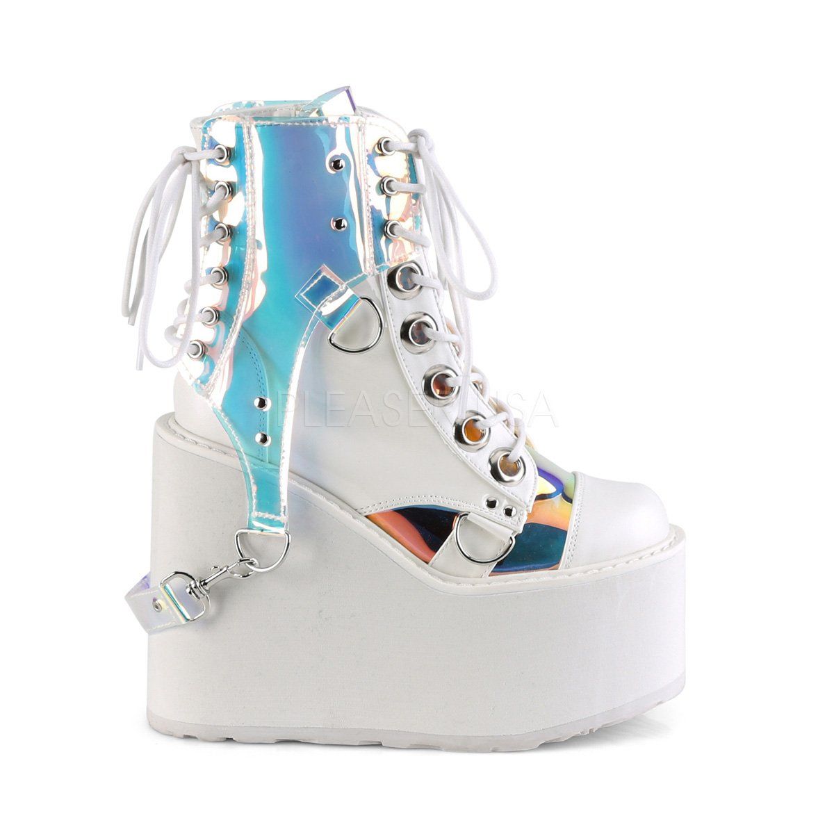 SWING-115 White Vegan Leather-Patent-Magic Mirror TPU Ankle Boot Demonia