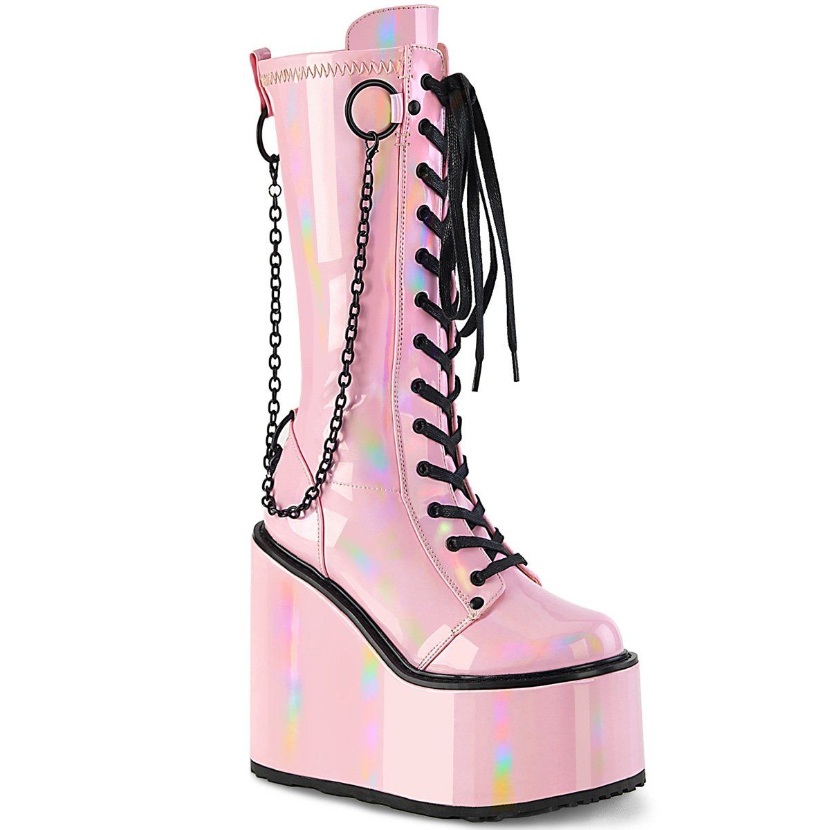 SWING-150 Baby Pink Holographic Stretch Patent Knee Boot Demonia