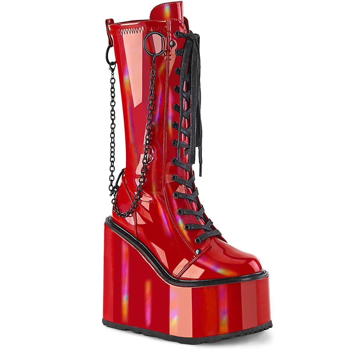 SWING-150 Red Holographic Stretch Patent Knee Boot Demonia