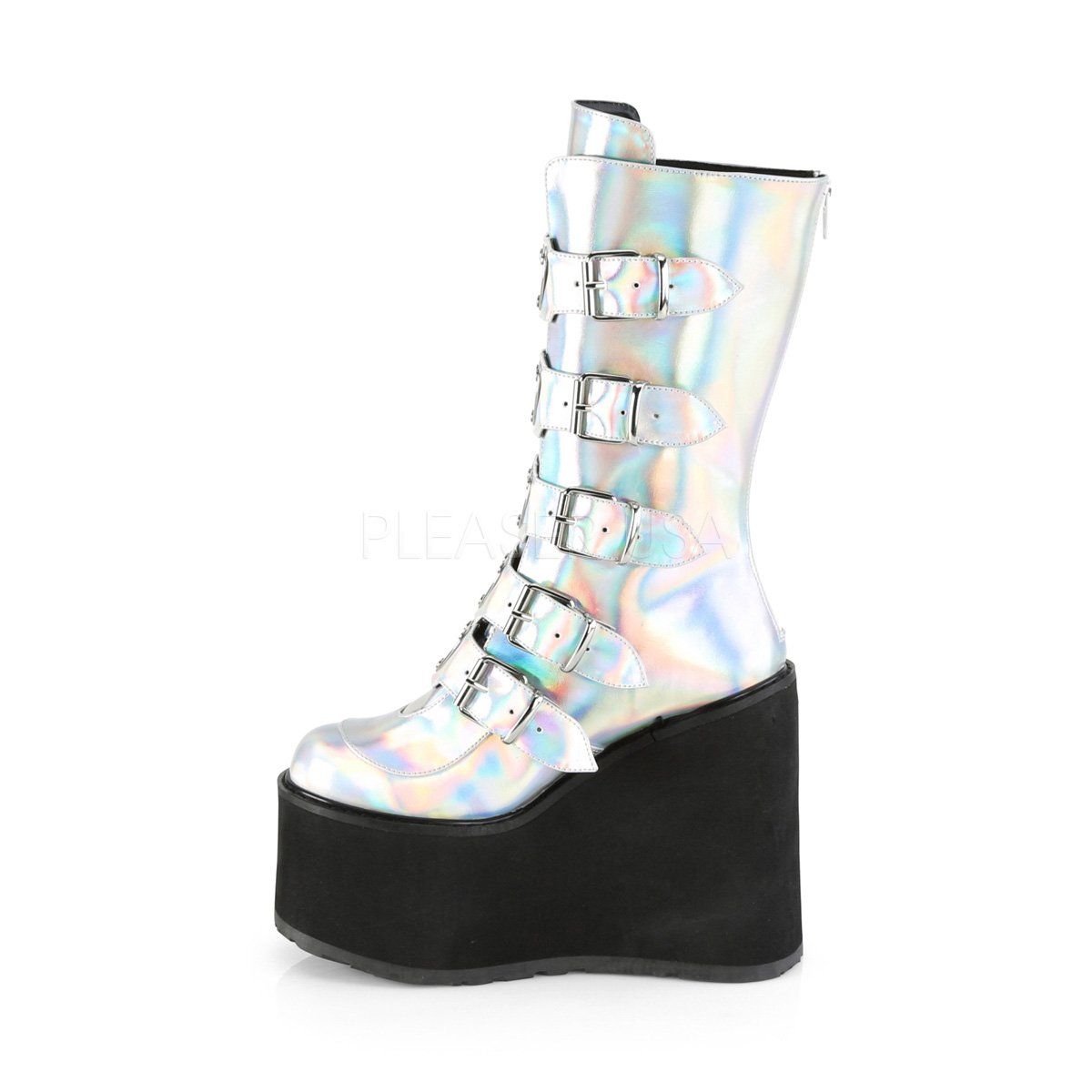 SWING-230 Silver Hologram Vegan Leather Mid-Calf Boot Demonia