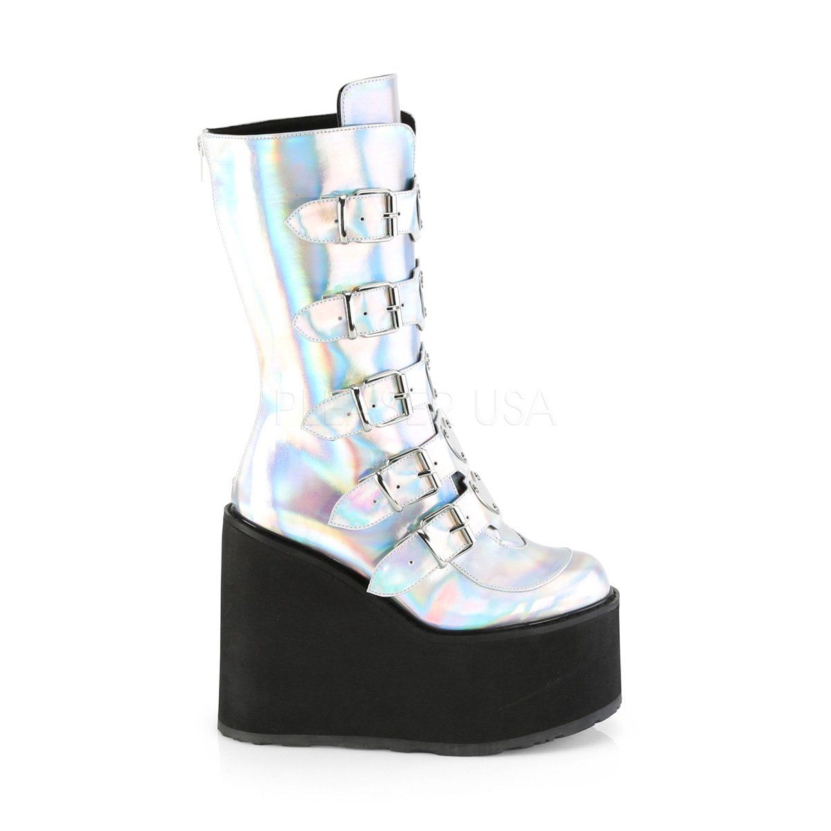 SWING-230 Silver Hologram Vegan Leather Mid-Calf Boot Demonia
