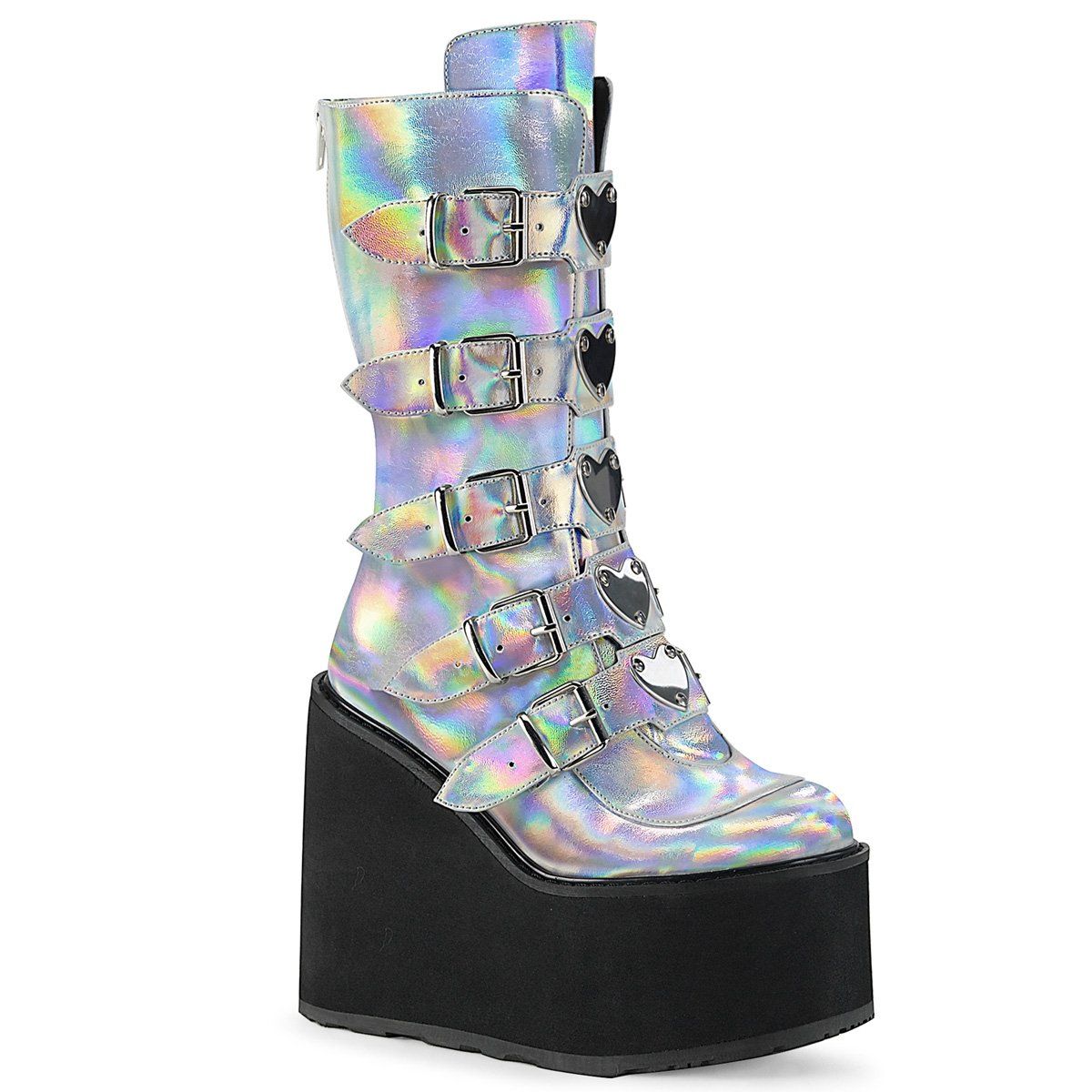 SWING-230 Silver Hologram Vegan Leather Mid-Calf Boot Demonia