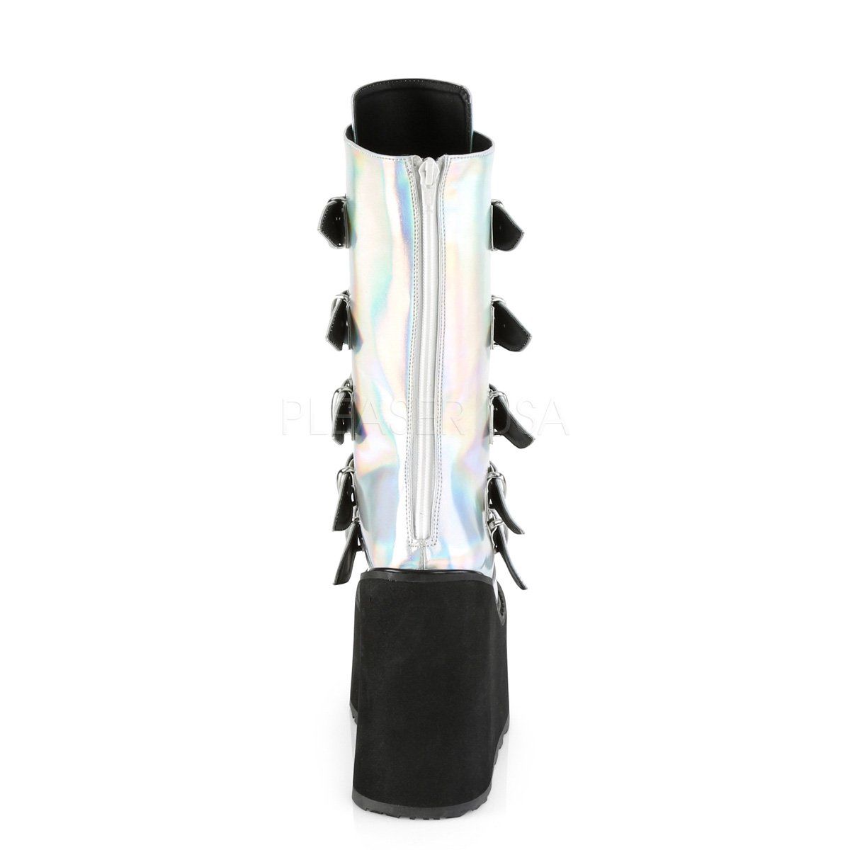 SWING-230 Silver Hologram Vegan Leather Mid-Calf Boot Demonia