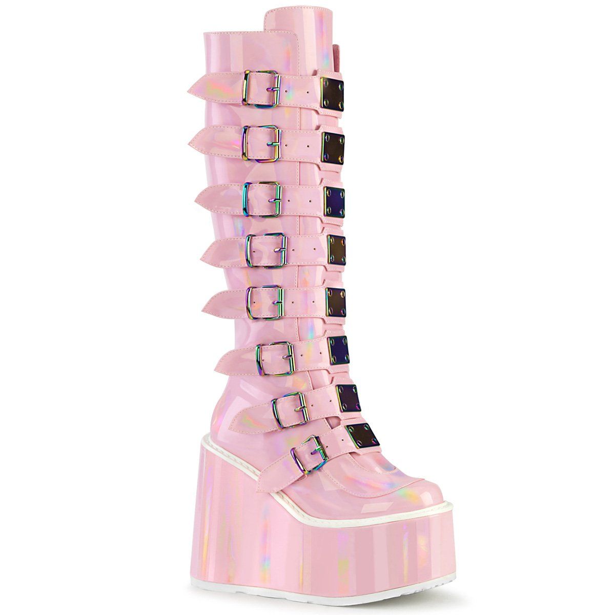SWING-815 Baby Pink Hologram Knee Boot Demonia