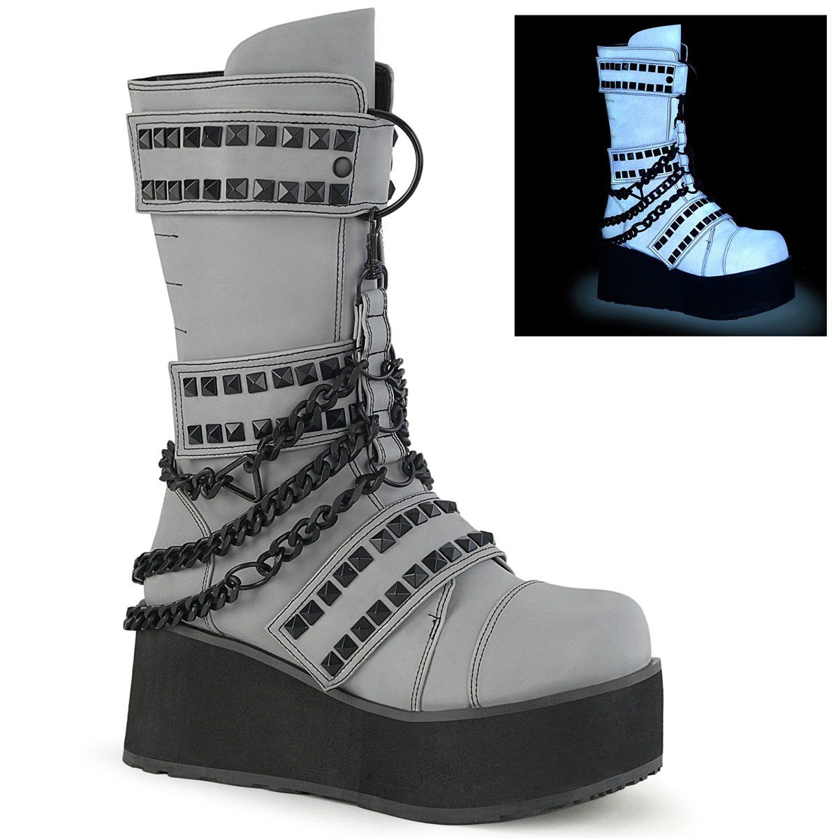 TRASHVILLE-138 Grey Multi Reflective Vegan Leather Mid-Calf Boot Demonia