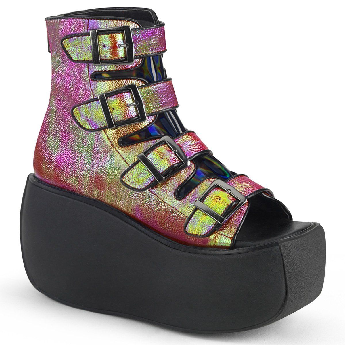 VIOLET-150 Pink-Green Iridescent Vegan Leather-Hologram Ankle Boot Demonia