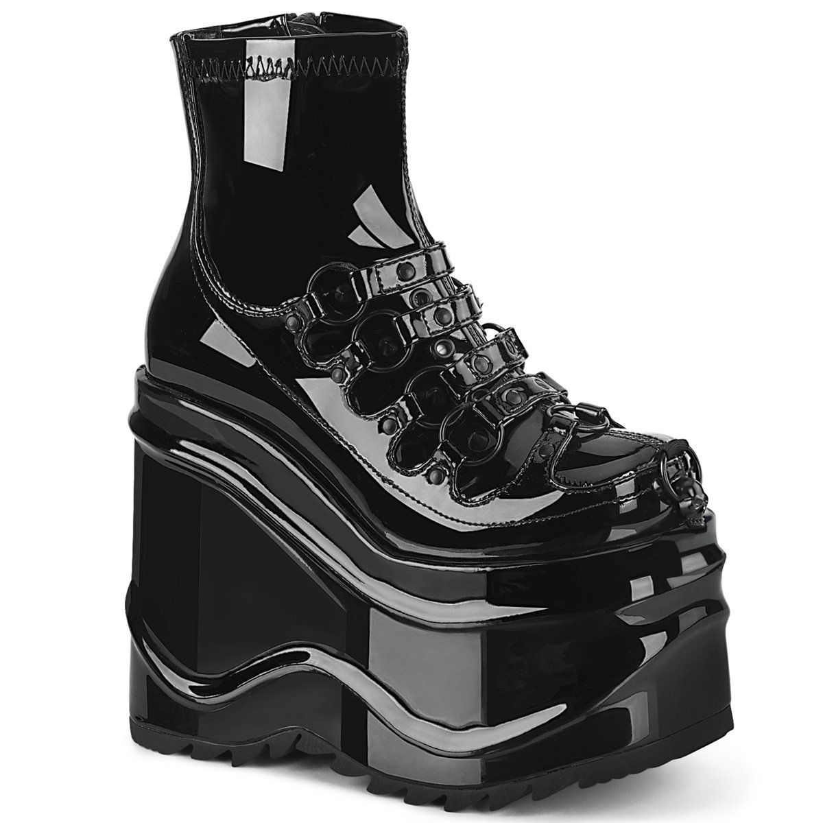 WAVE-110 Black Patent Ankle Boot Demonia