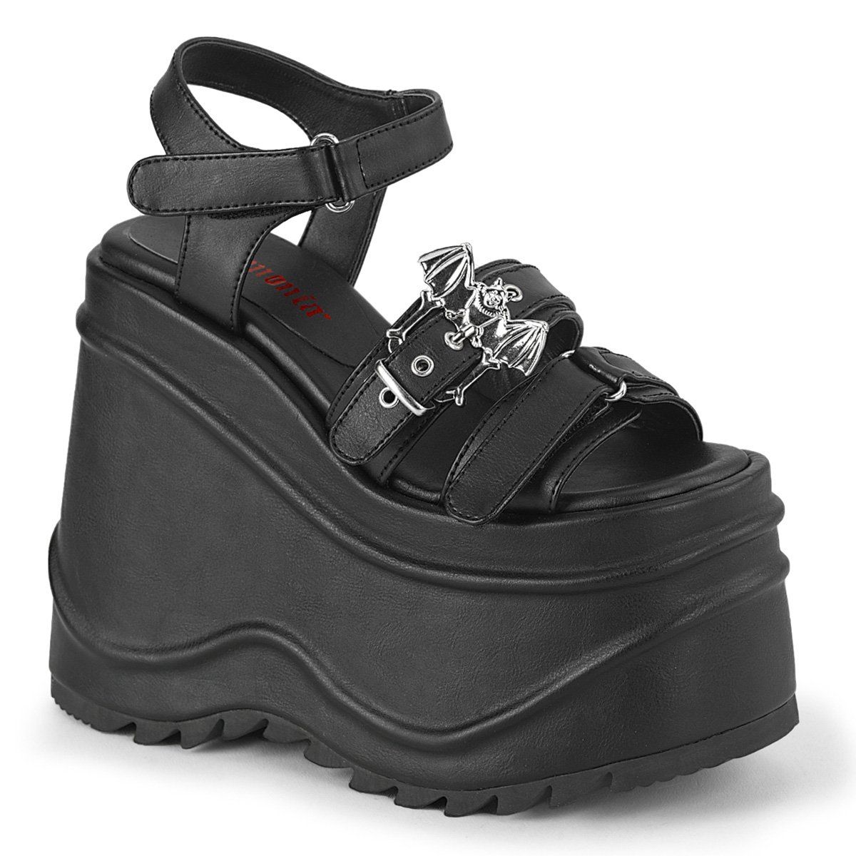 WAVE-13 Black Vegan Leather Sandal Demonia