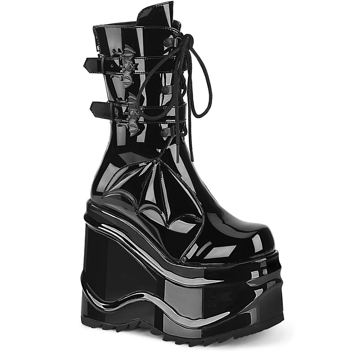 WAVE-150 Black Patent Mid-Calf Boot Demonia