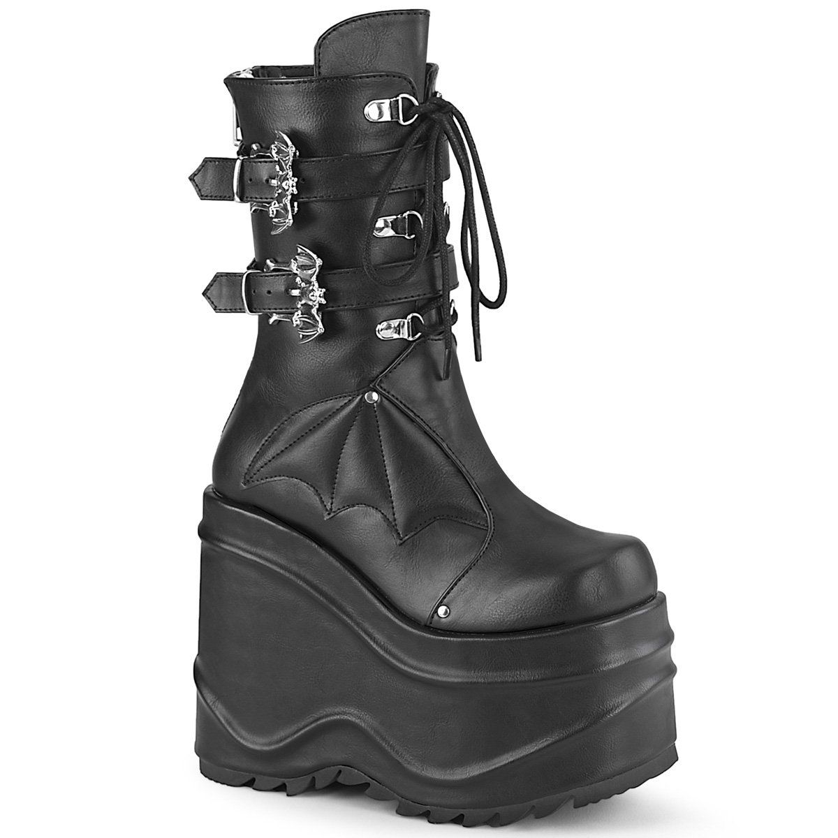 WAVE-150 Black Vegan Leather Mid-Calf Boot Demonia