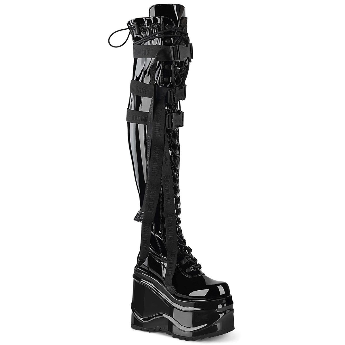 WAVE-315 Black Stretch Patent Thigh Boot Demonia