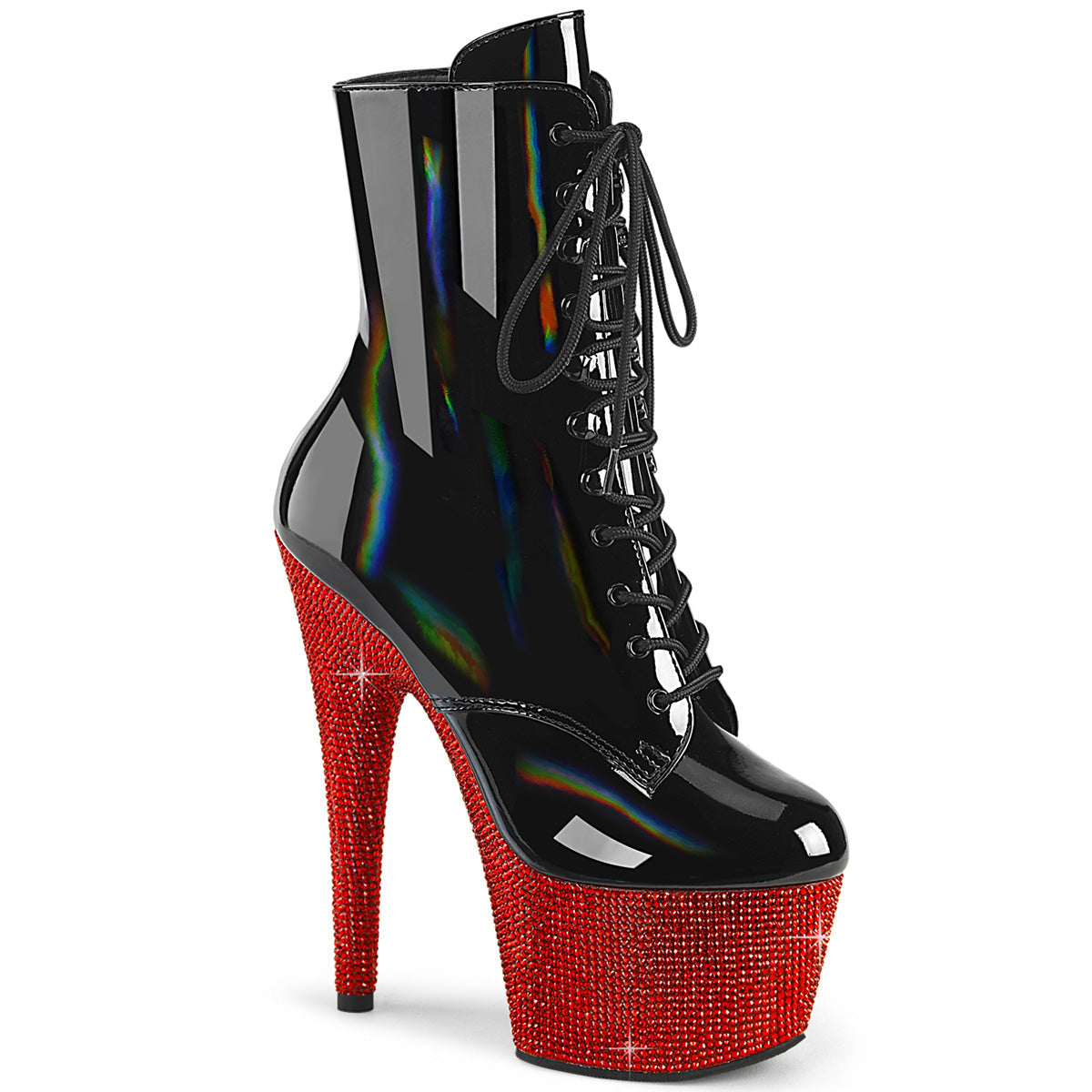 BEJEWELED-1020-7 Black Holo Patent/Red Rhinestones