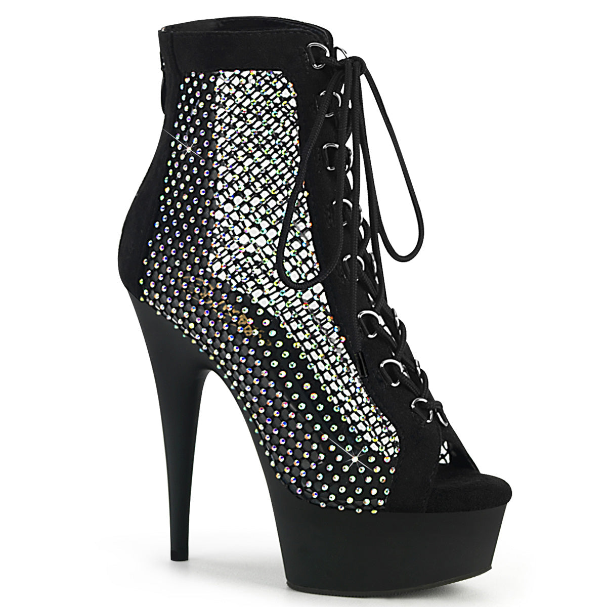 DELIGHT-600-33RM Black Faux Suede-Rhinestones Mesh/Black Matte