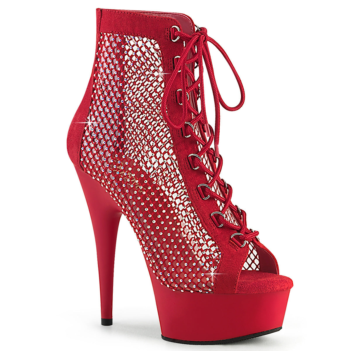 DELIGHT-600-33RM Red Faux Suede-Rhinestones Mesh/Red Matte