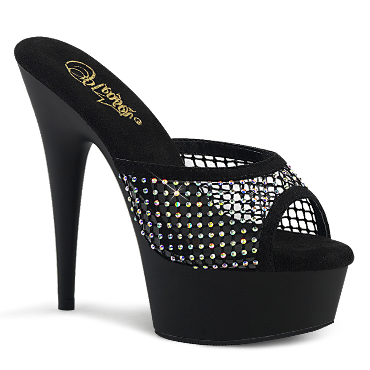 DELIGHT-601-6RM Black Faux Suede-Rhinestones Mesh/Black Matte