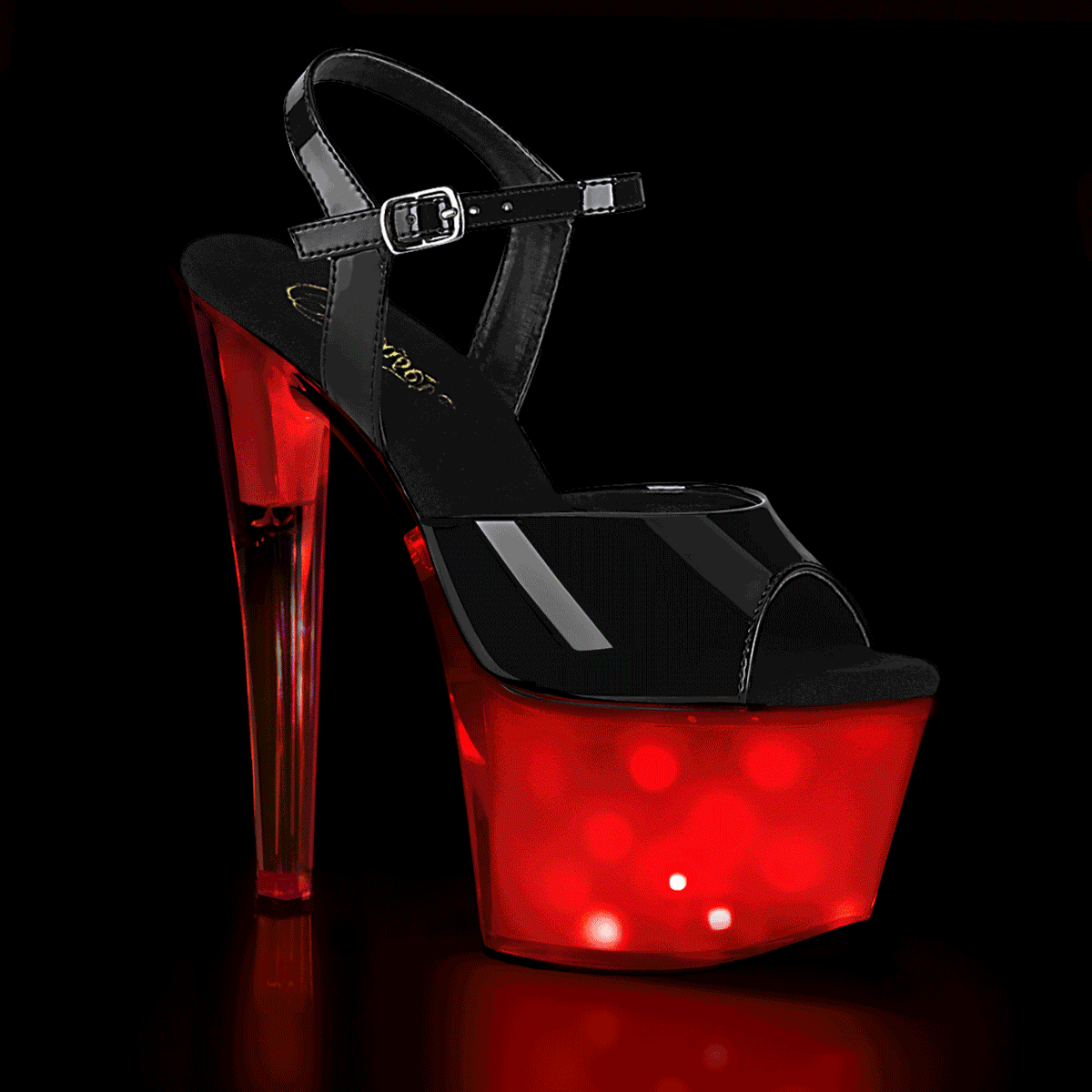 DISCOLITE-709 Black Patent/White Glow Platform Sandal