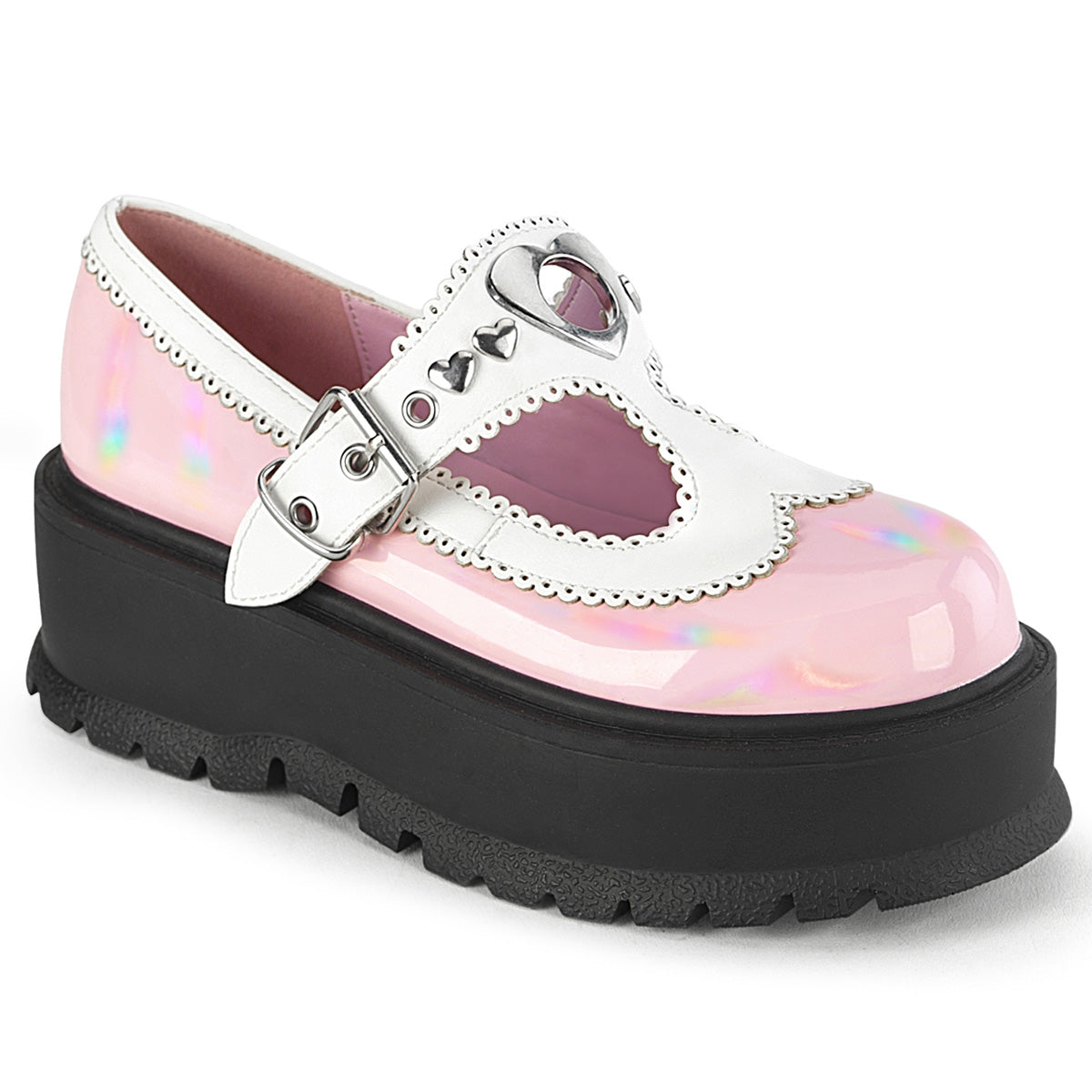 SLACKER-23 Baby Pink Holographic Patent White Vegan Leather