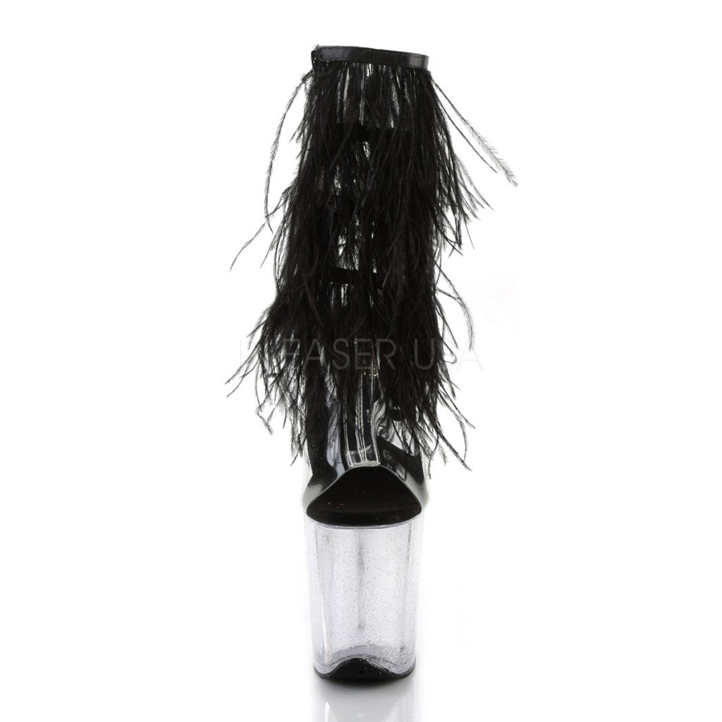 FLAMINGO-1017MFF Clear/Black Marabou/Clear-Glitter Ankle Boot