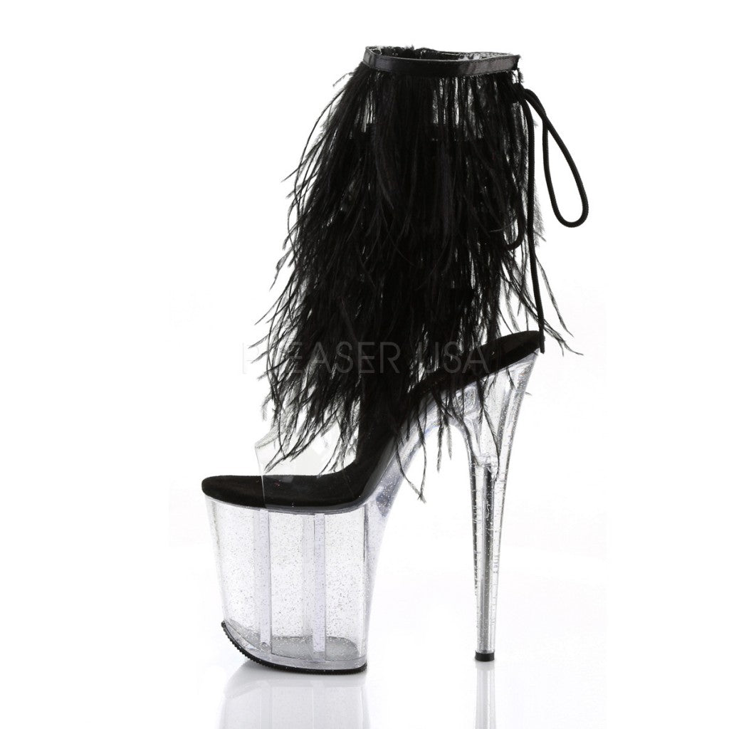 FLAMINGO-1017MFF Clear/Black Marabou/Clear-Glitter Ankle Boot