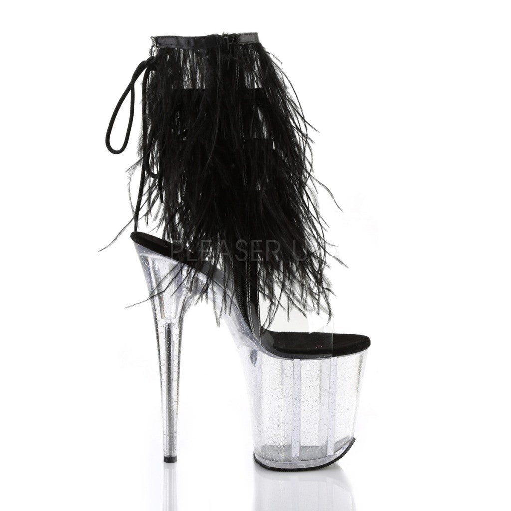 FLAMINGO-1017MFF Clear/Black Marabou/Clear-Glitter Ankle Boot