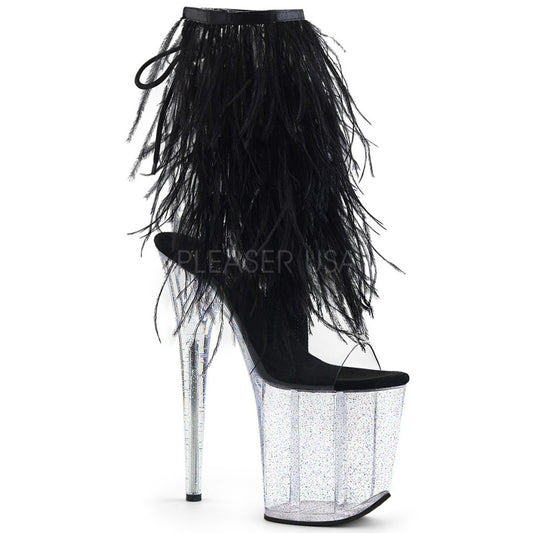 FLAMINGO-1017MFF Clear/Black Marabou/Clear-Glitter Ankle Boot