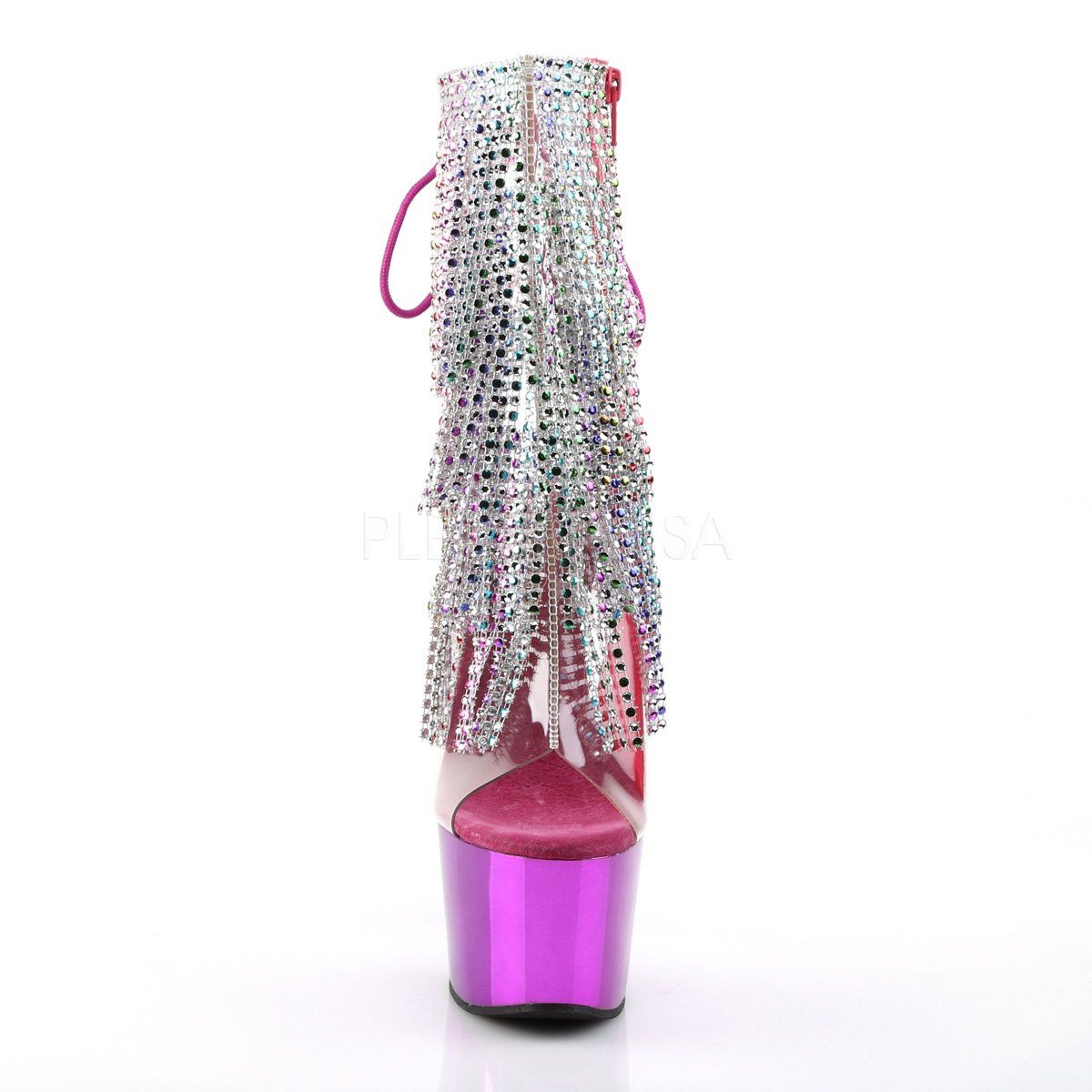 ADORE-1017RhinestoneF Clear-Multi/Fuchsia Chrome Ankle Boot Pleaser