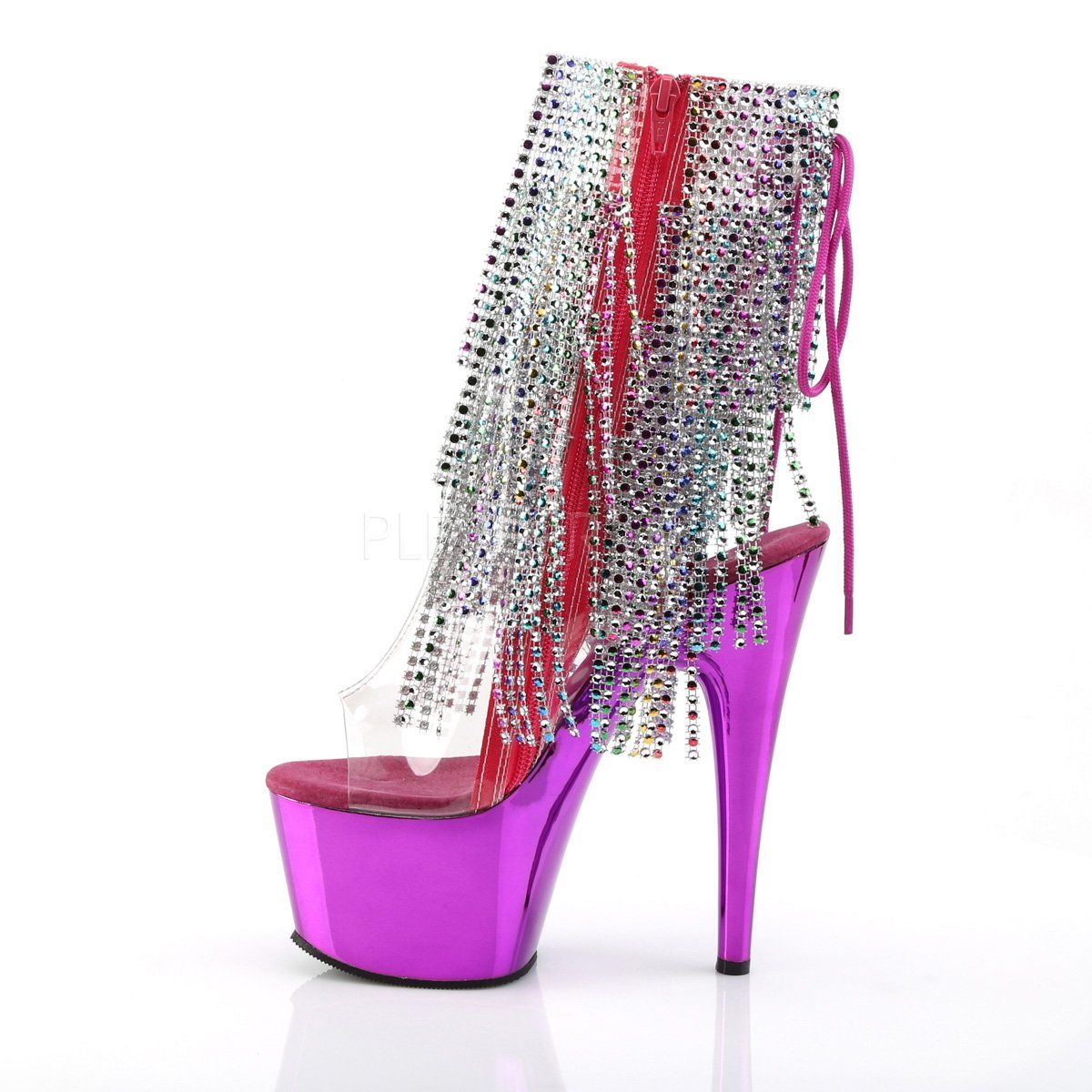 ADORE-1017RhinestoneF Clear-Multi/Fuchsia Chrome Ankle Boot Pleaser