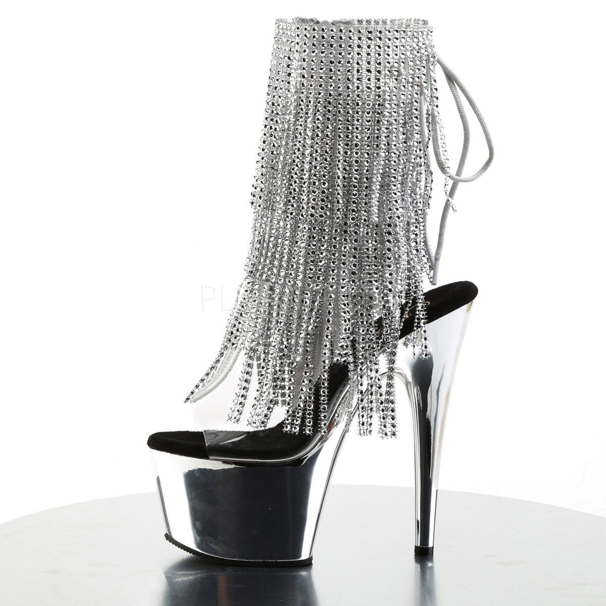 ADORE-1017RhinestoneF Clear-Silver/Silver Chrome Ankle Boot Pleaser