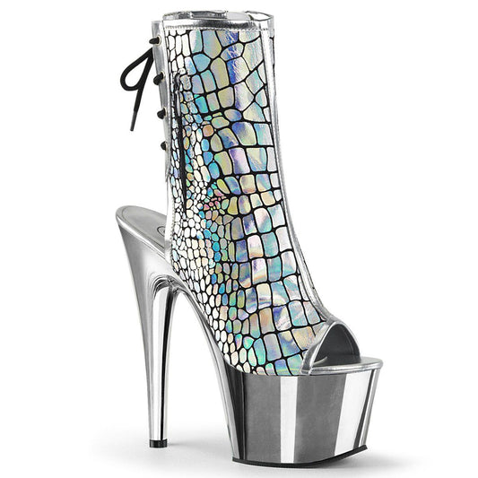 ADORE-1018HG Silver Hologram Ostrich Pu Ankle Boot Pleaser