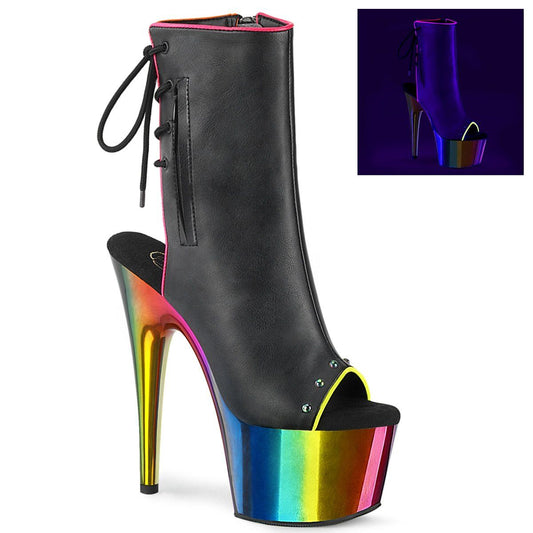 ADORE-1018RC-02 Black Faux Leather/Rainbow Chrome Ankle Boot Pleaser