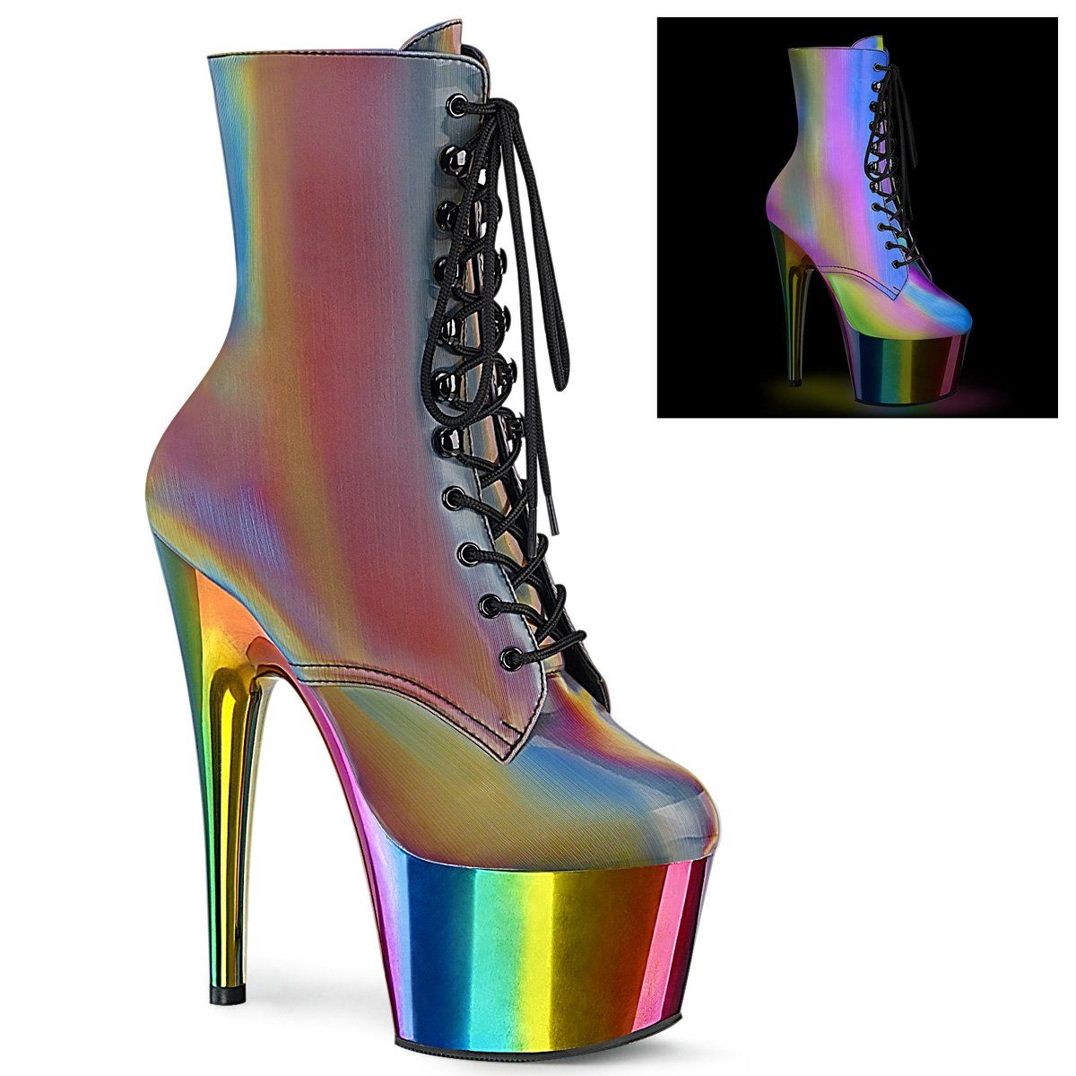 ADORE-1020RC-REFL Rainbow Reflective/Rainbow Chrome Ankle Boot Pleaser