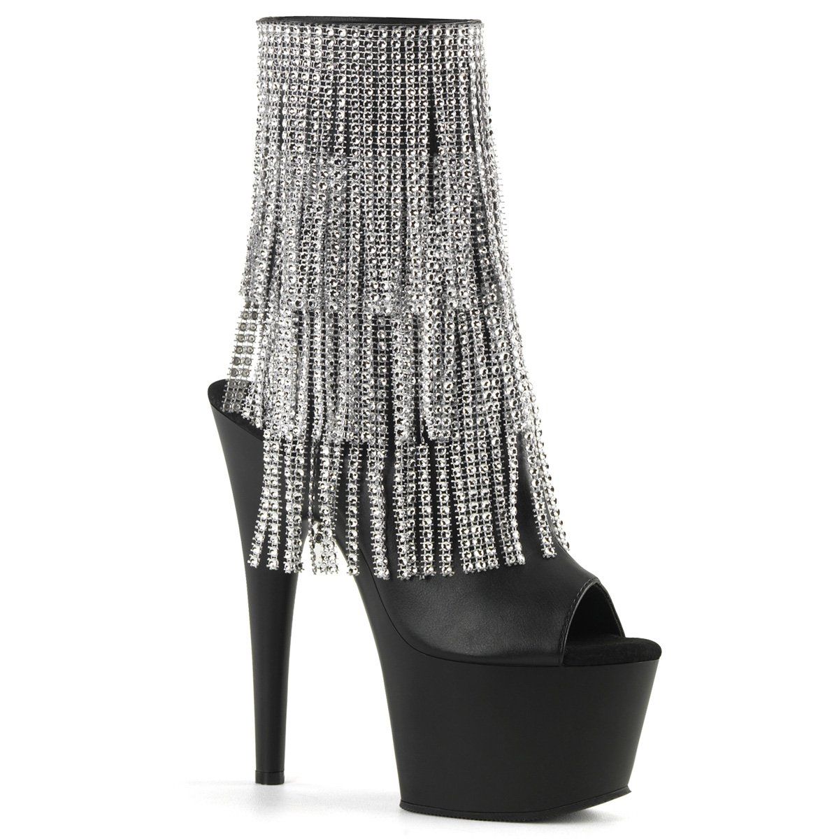 ADORE-1024RhinestoneF Black Faux Leather-Silver Ankle Boot Pleaser