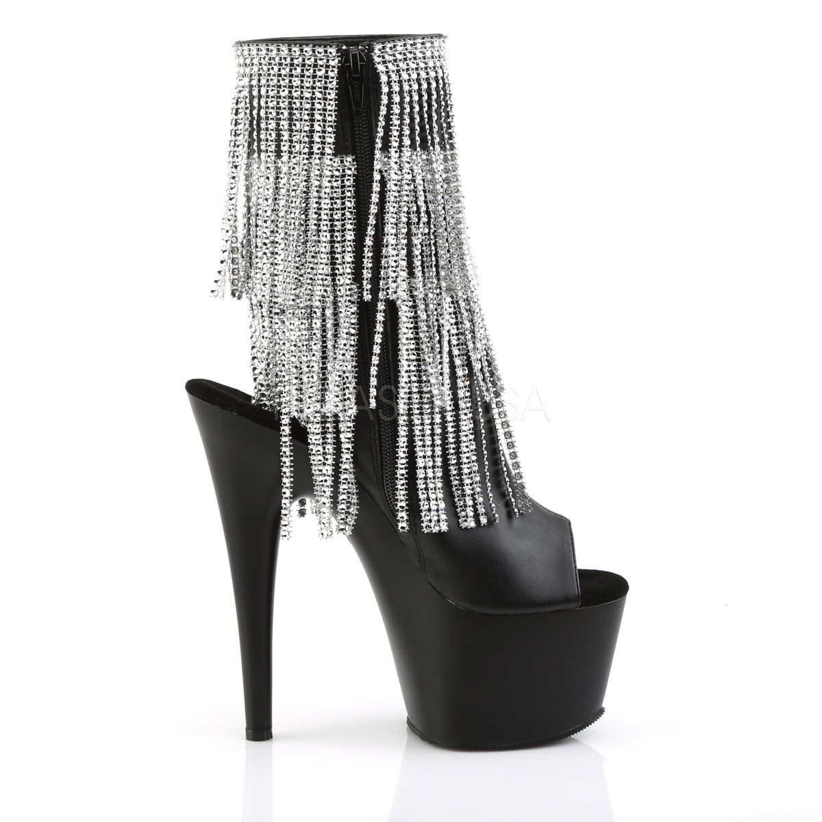 ADORE-1024RhinestoneF Black Faux Leather-Silver Ankle Boot Pleaser