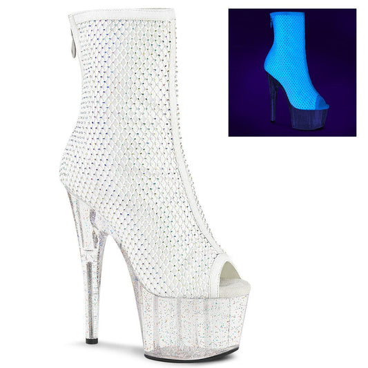 ADORE-1031GM White Fabric-Rhinestone/Clear Ankle Boot Pleaser