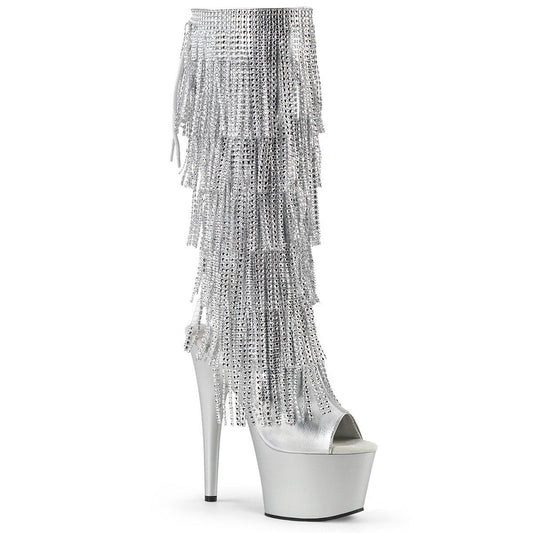 ADORE-2024RhinestoneF Silver Metallic Pu Knee Boot Pleaser