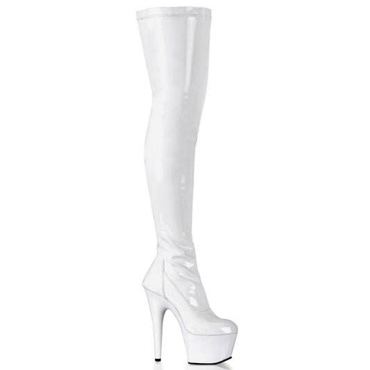 ADORE-3000 White Stretch Patent/White Thigh Boot Pleaser