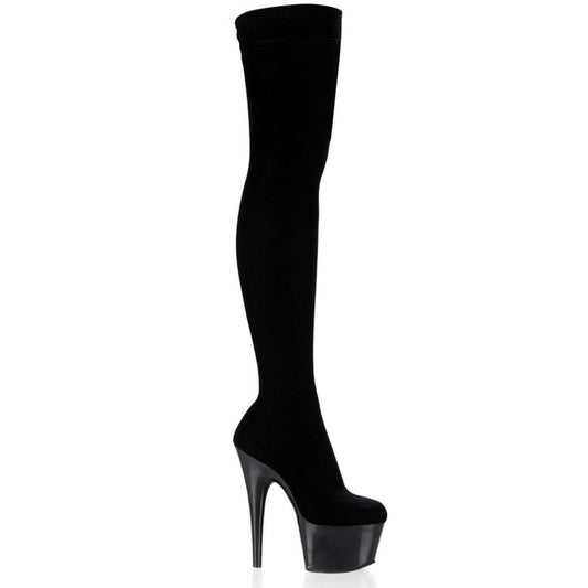 ADORE-3002 Black Stretch Velvet/Black Thigh Boot Pleaser