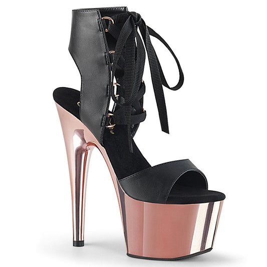ADORE-700-14 Black Faux Leather/Rose Gold Chrome Platform Sandal Pleaser
