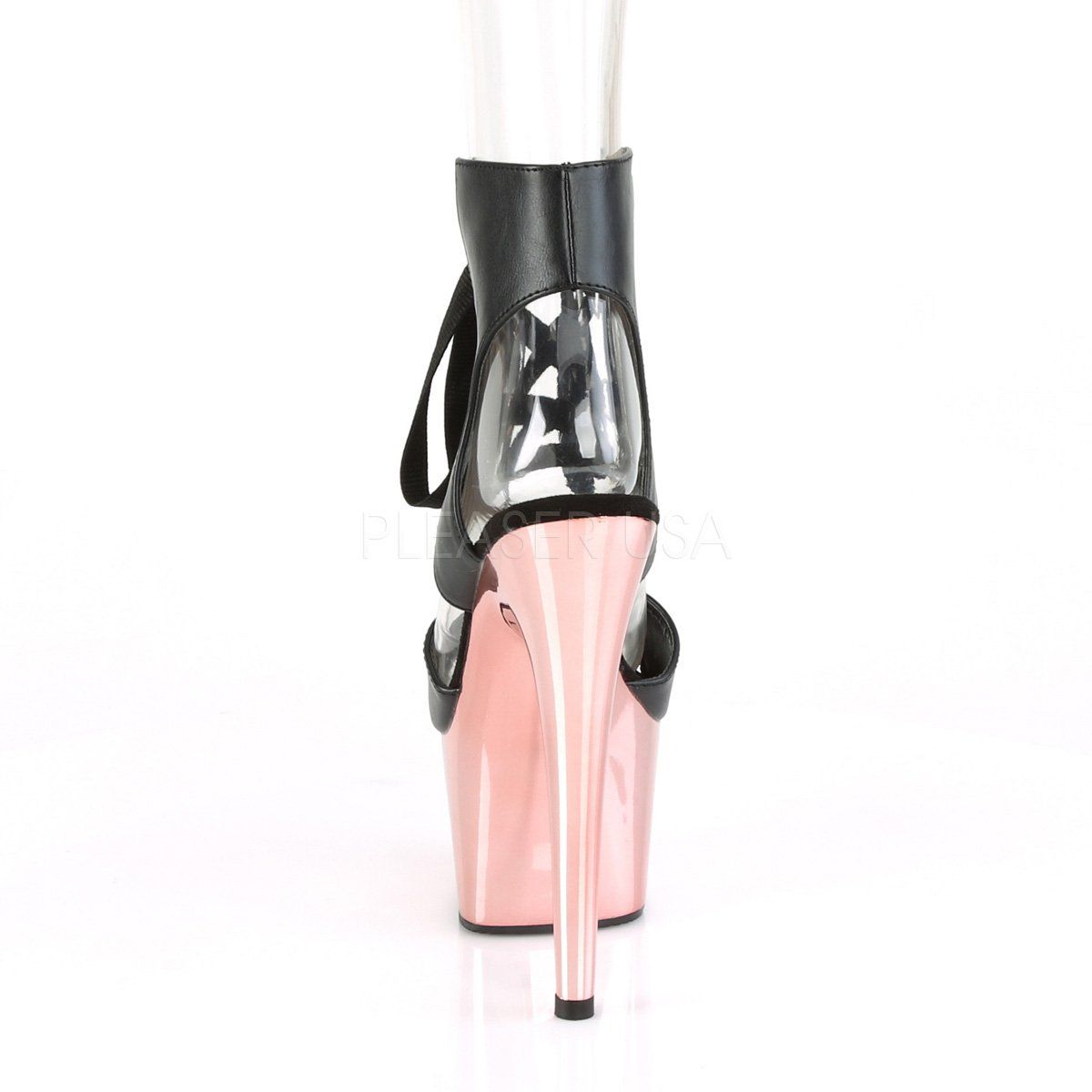 ADORE-700-14 Black Faux Leather/Rose Gold Chrome Platform Sandal Pleaser