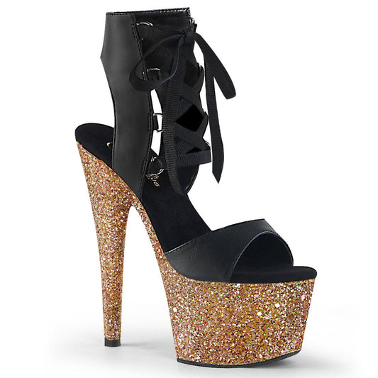 ADORE-700-14LG Black Faux Leather/Rose Gold Multi Glitter Platform Sandal Pleaser