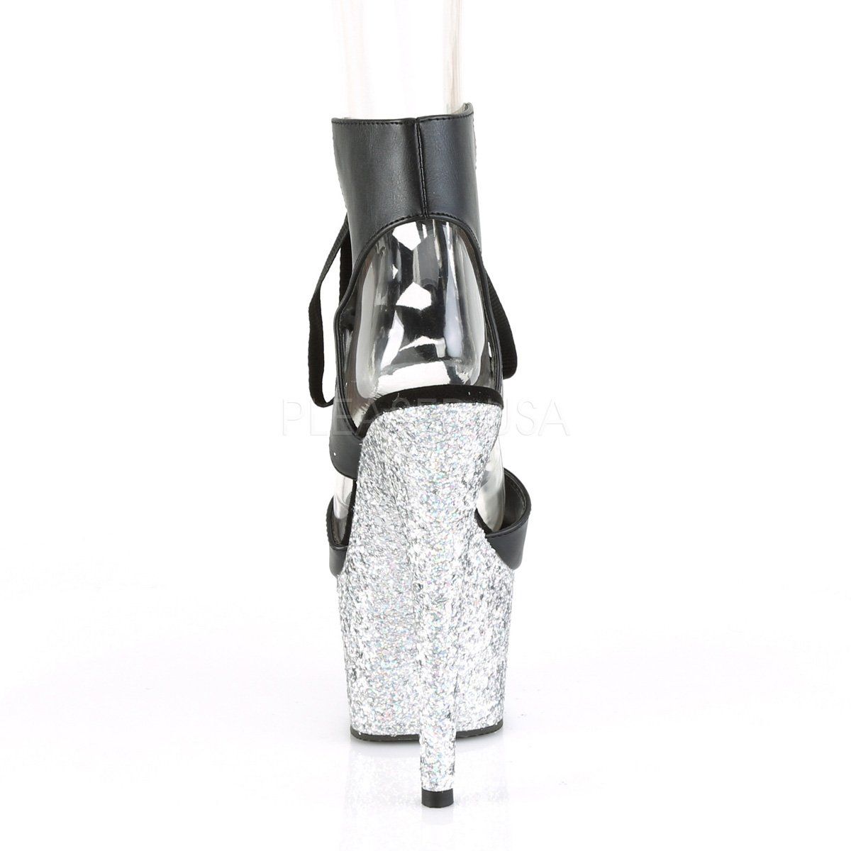 ADORE-700-14LG Black Faux Leather/Silver Multi Glitter Platform Sandal Pleaser