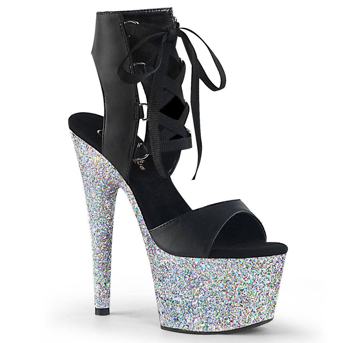 ADORE-700-14LG Black Faux Leather/Silver Multi Glitter Platform Sandal Pleaser